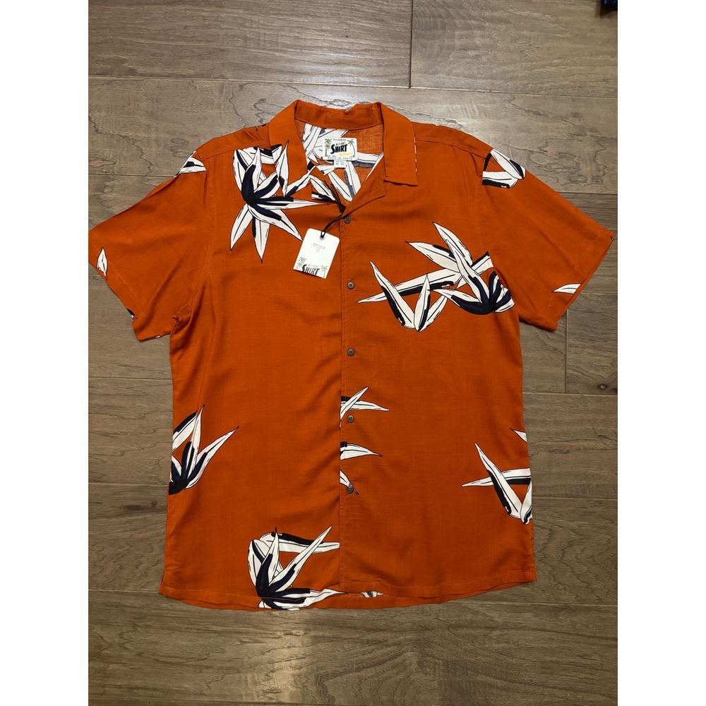 NWT Pull&Bear Mens Resort Shirt XL Burnt Orange Tropical Leaf Button Down